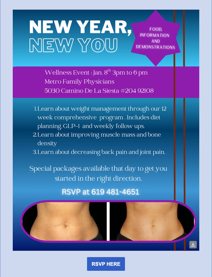 New Year, New You wellness event flyer at Metro Family Physicians, Jan 8, 3-6 pm.